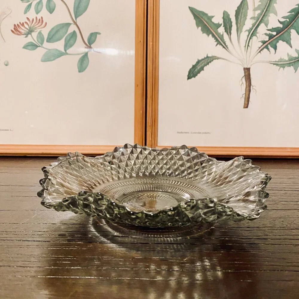 Vintage Indiana Glass Smoke Diamond‎ Point Wavy Design Candy Dish MCM 7